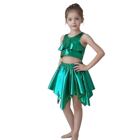 Girls Dance Sequin Green Dance Sleeveless Ruffles Top and Sparkly Skirt Outfit Set Girls Dance Outfit Performance Dancewear 7-9 Years
