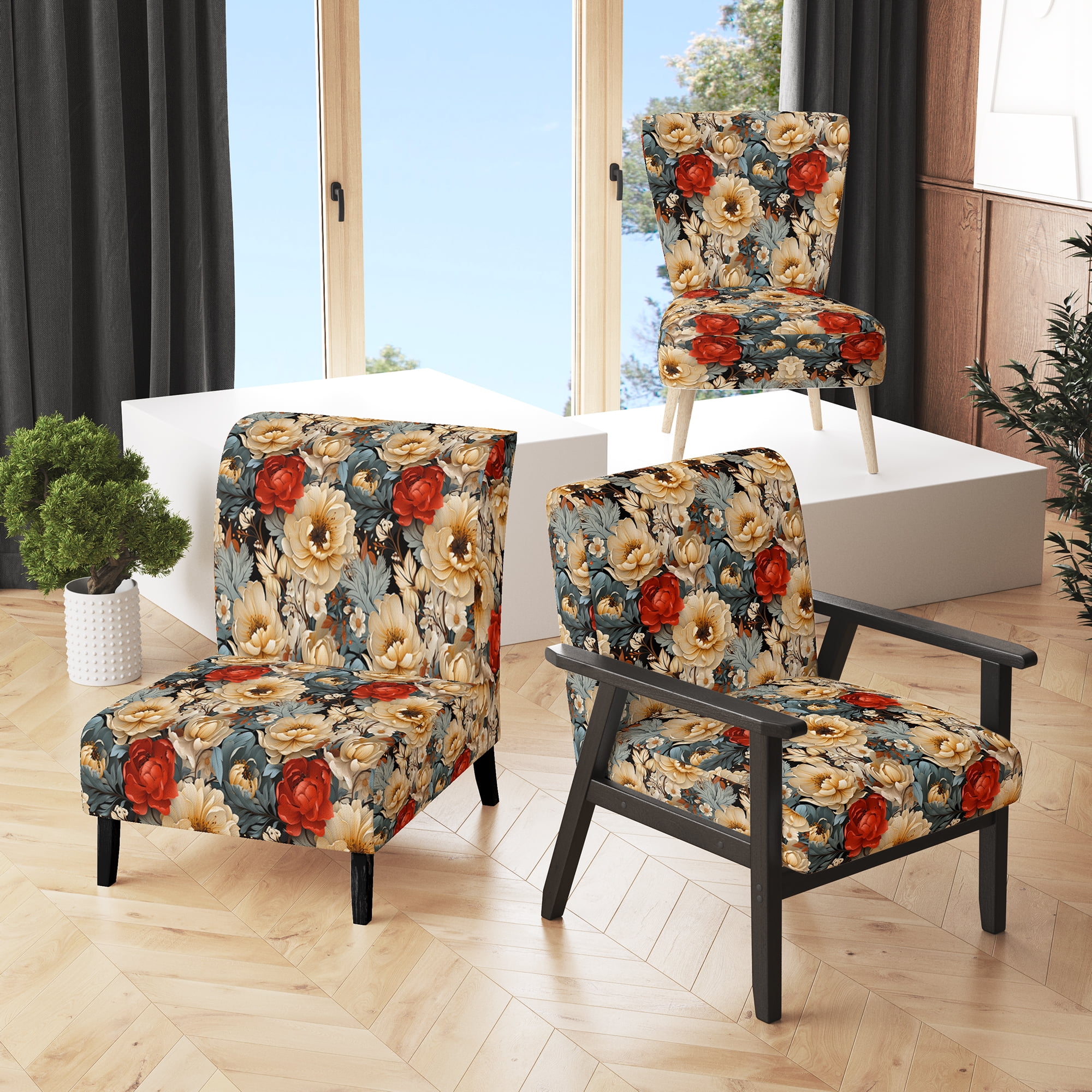 Designart Floral Symphony Delicacy I Red Floral Upholstered Accent Chair Cottage Arm Chair For Living Room