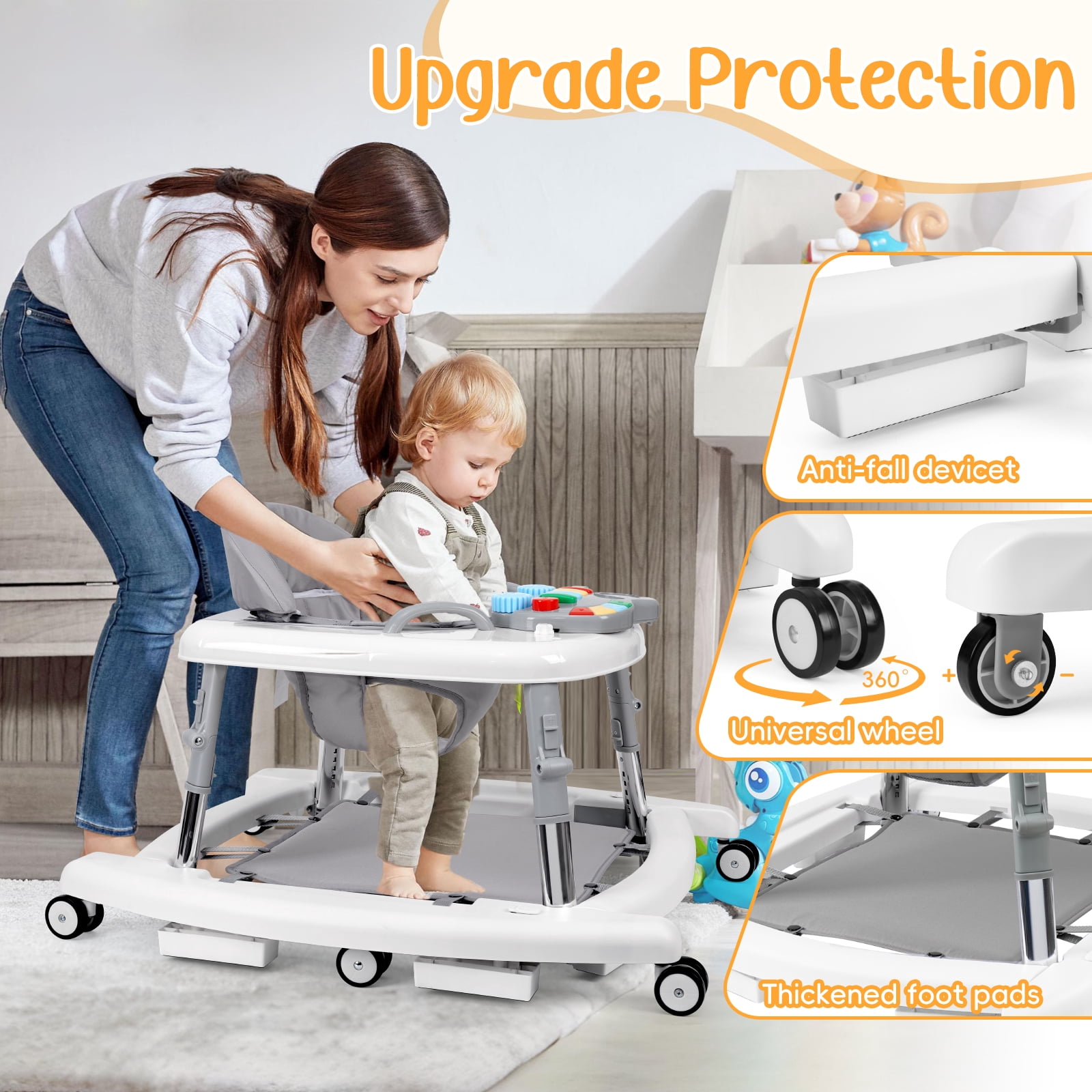 5-in-1 Foldable Baby Walker with Music & Lights – Adjustable Height, Bouncer, Wheels, Portable Toddler Walker for Baby Boys & Girls 6-18 Months, White