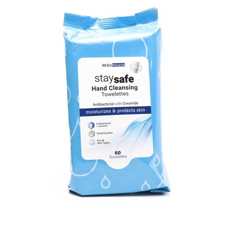 Stay Safe Antibacterial with Ceramide Moisturizes and Protects Hand Cleansing Towelettes, 60 Count