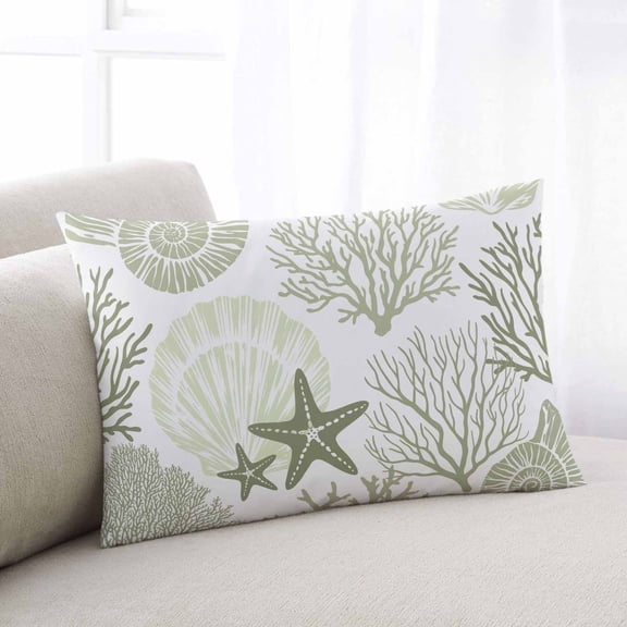 Coastal Sage Green Queen Pillow Covers, Ocean Coral Starfish Shell Modern Soft Breathable Throw Pillow Cases with Invisible Zipper, Decorative Pillowcase Pillows Protectors for Sofa Bed Chair 20"x30"