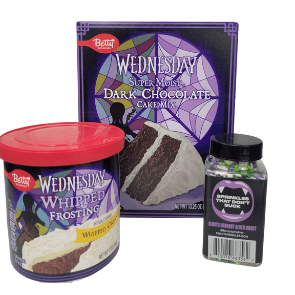 Betty Crocker Wednesday Super Moist Dark Chocolate Cake 13.25 oz Mix with 12oz Wednesday Whipped Frosting, and Fancy 3.9 oz Graveyard Shift Sprinkles