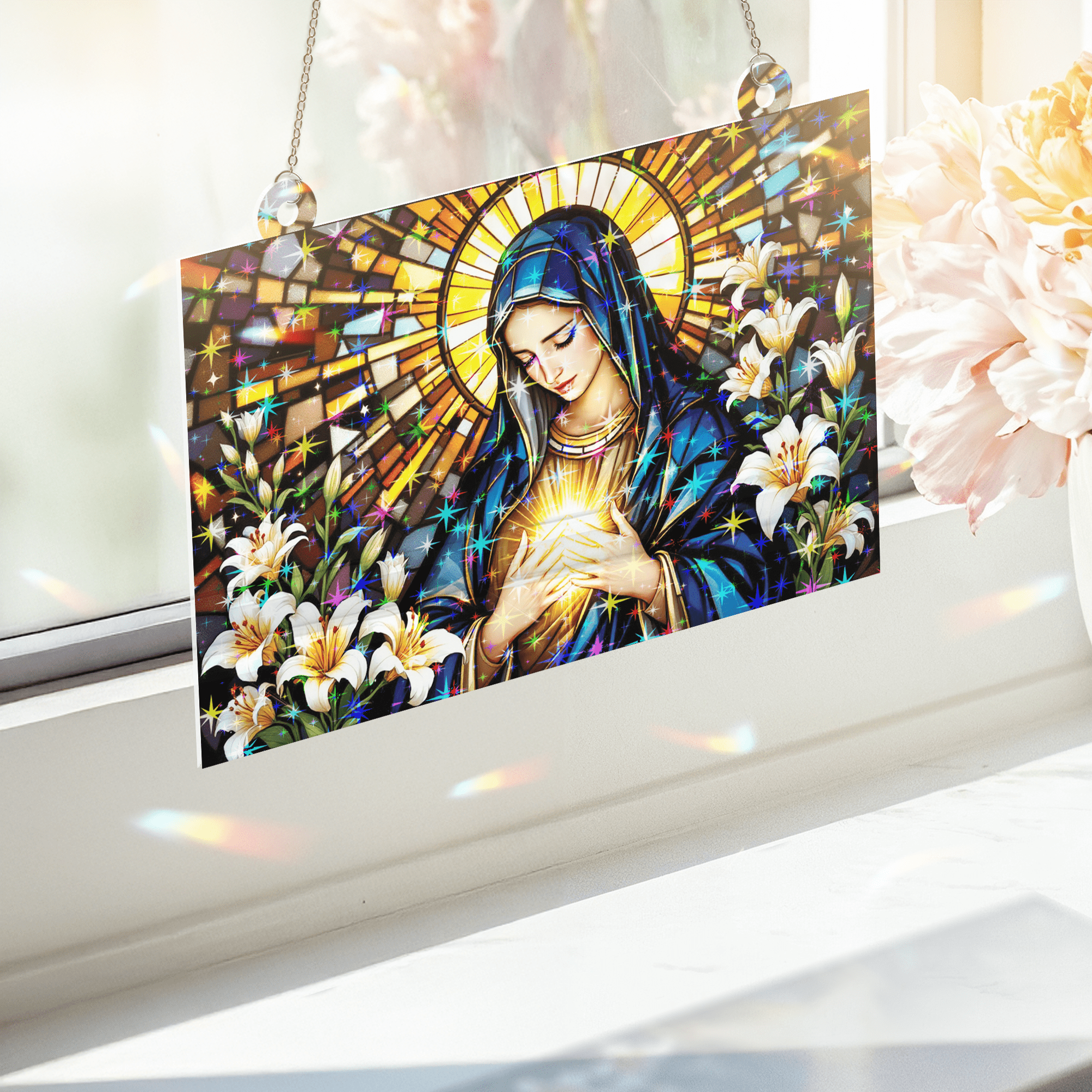 89Bloom Our Lady of Sorrows Stained Glass Hologram Ornament, Stained Glass Suncatcher Ornaments Home Decor, Holographic Ornaments