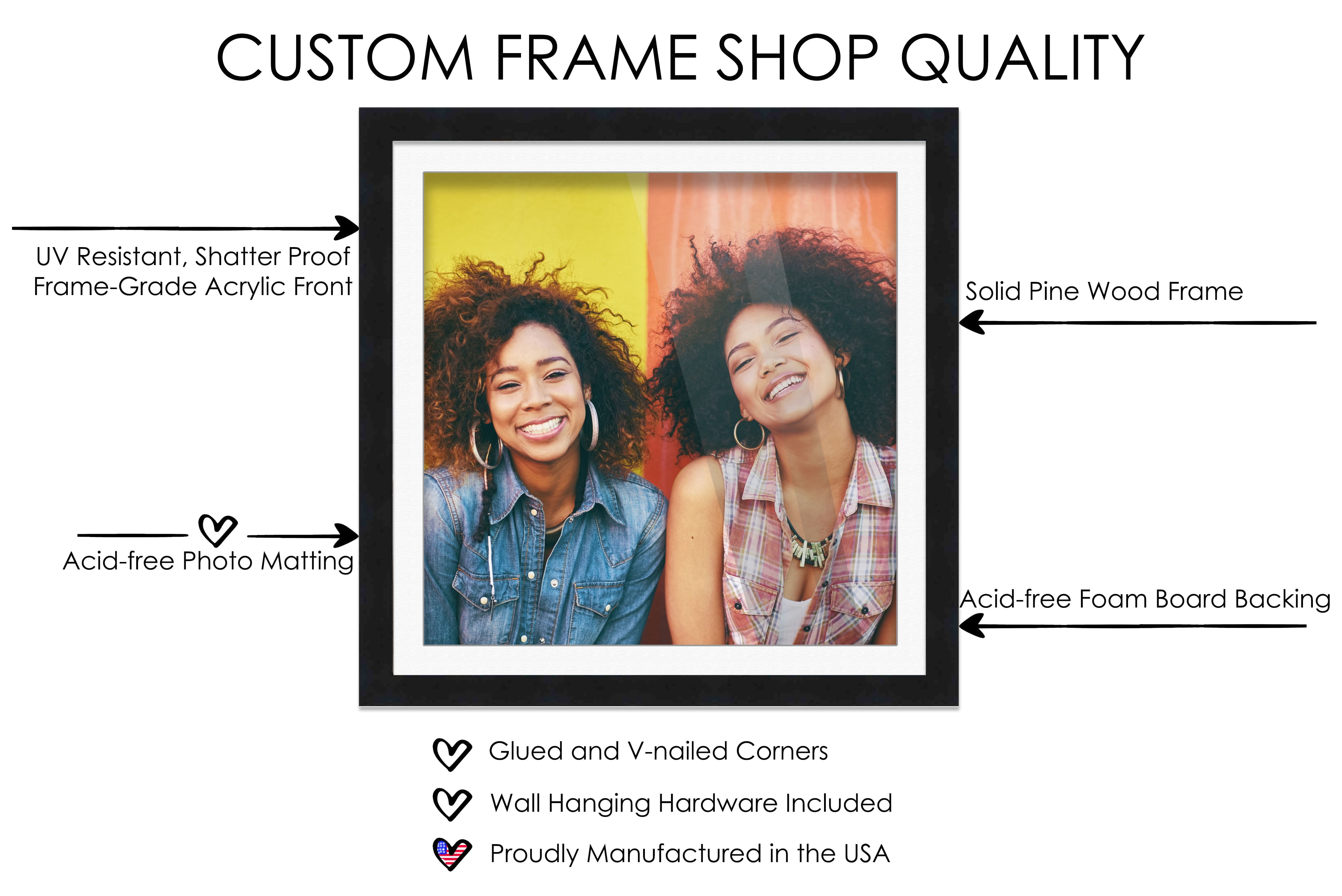 30x30 Frame Black With White Picture Mat For 30x30 Print - Or 34x34 Art Without the Photo Mat -