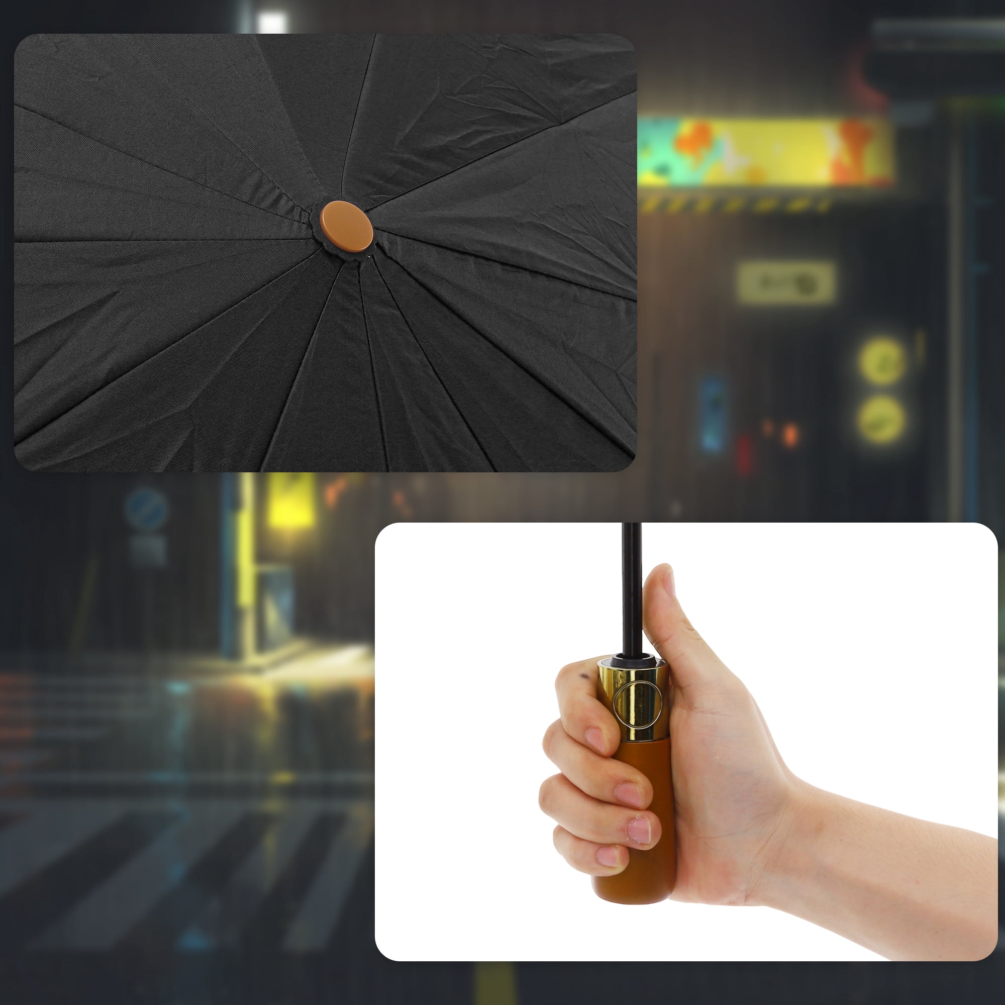 Unique Bargains Collapsible Windproof Folding Umbrella with Wooden Handle Black