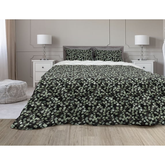 Tropical Comforter & Sham Bedding Set, Exotic Foliage Hand Drawn Floral Eucalyptus Branches Hawaii Flora, 3 pcs Duvet Set Microfiber Filling Quilt, 5 Sizes, Sage Green Black, by Ambesonne