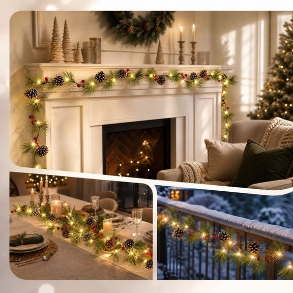 Aonerit 78in Christmas Garland With Lights, Pine Rattan LED Decor, Battery Mantel Decoration, Xmas Tree Fireplace Accent, Holiday Home Decor