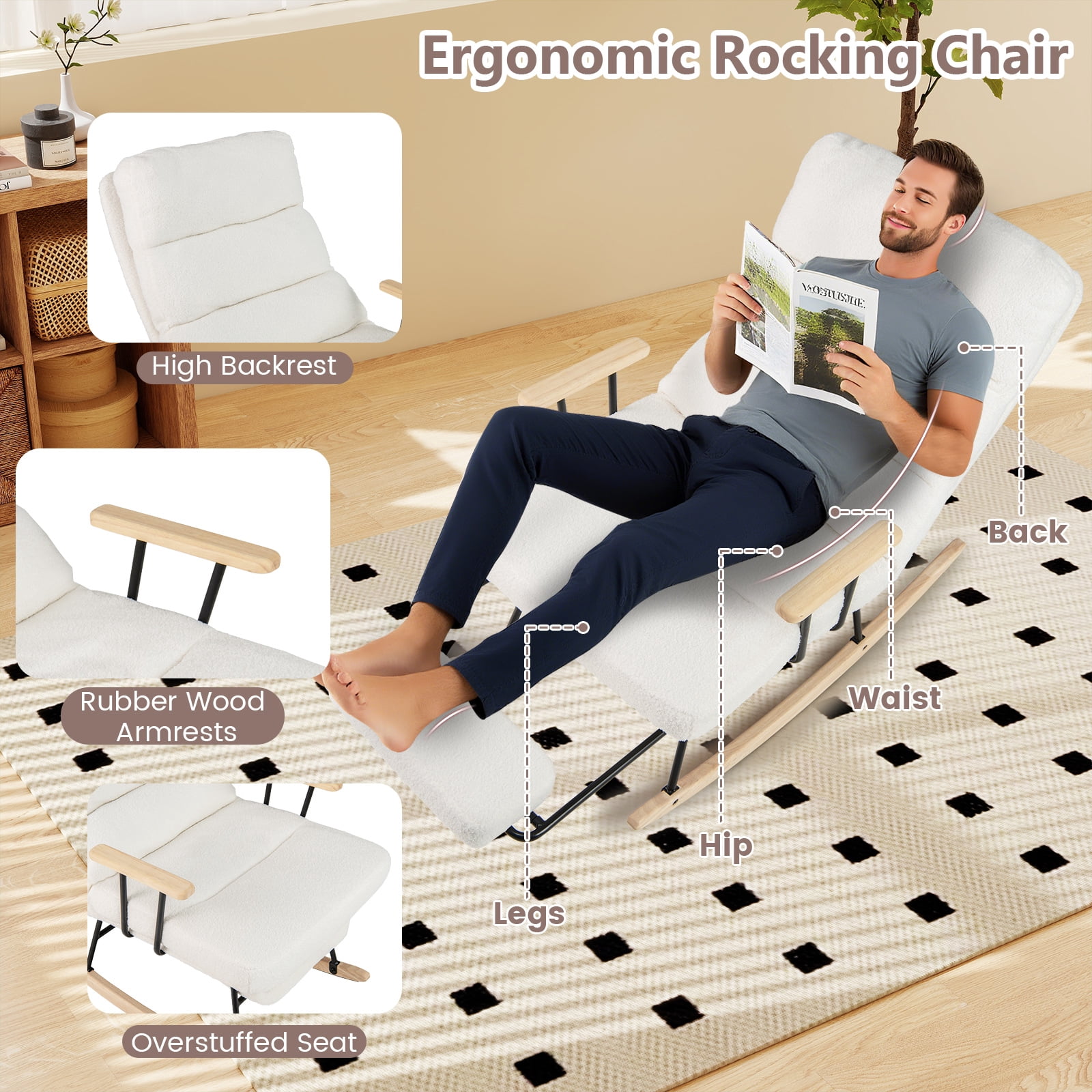 Costway 1 PCS Nursery Rocking Chair with 5-level Adjustable Backrest & Retractable Footrest