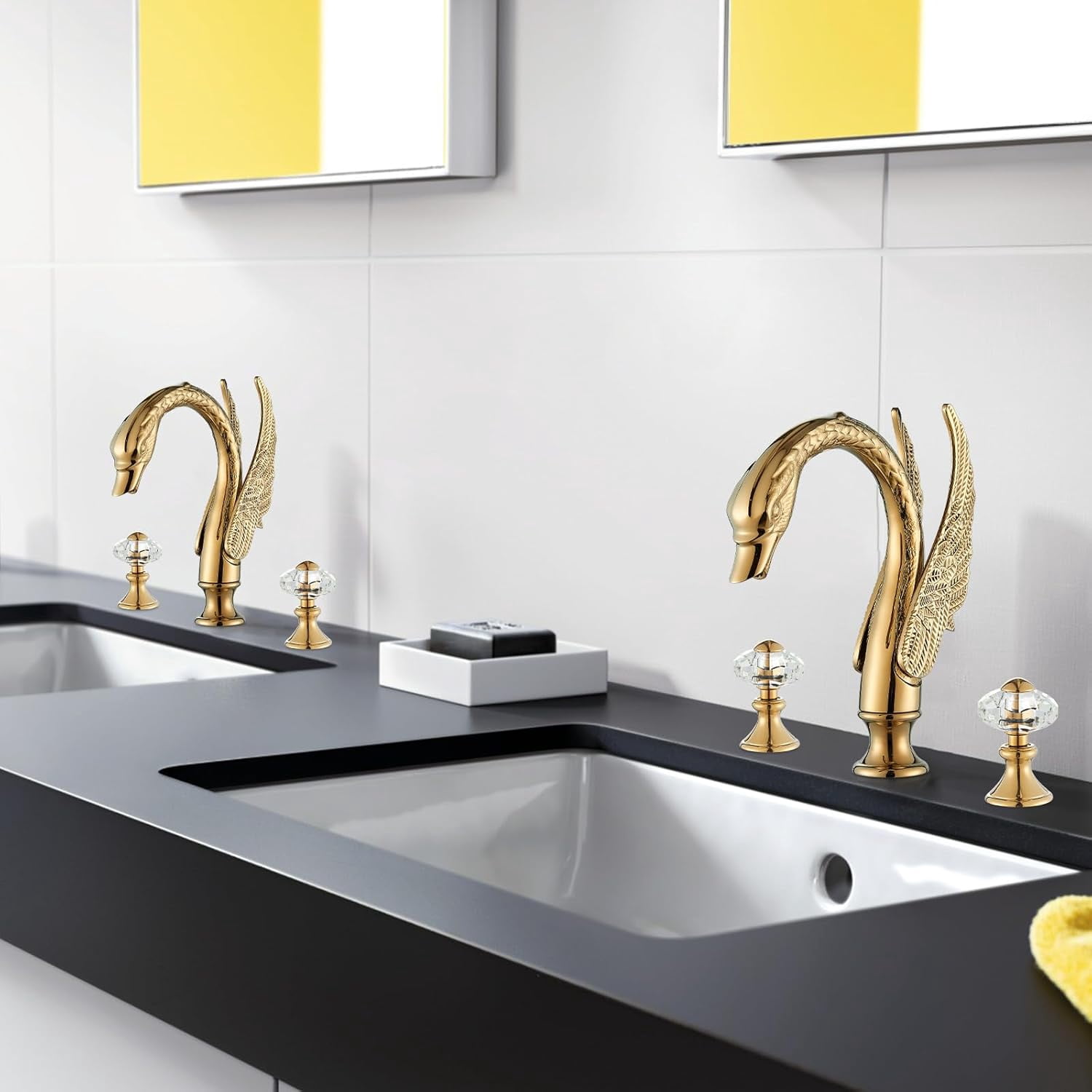 Widespread Golden Swan Style Bathroom Sink Faucet Deck Mount Sink Mixer Tap
