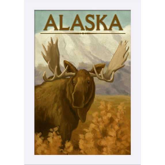 Alaska - Moose - Oil Painting - Lantern Press Artwork (12x18 Giclee Art Print, Gallery Framed, White Wood)