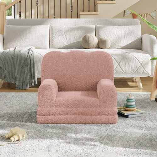 Kids Couch, 2-in-1 Convertible Teddy Fleece Fabric Toddler Sofa Chair, Soft Fold Out Couch Lounger for Kids, Comfy Children's Sofa Bed for Playroom, Nursery, Birthday Gift, Pink
