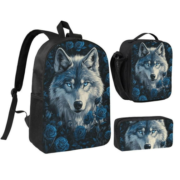 Wolf Backpack 17 Inch Set with Lunch Bag and CaseDurableTravel Bag Combo for Work Commuting Daily Use