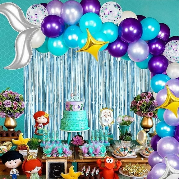 AOWEE Mermaid Party Decorations Balloon Arch Kit, Mermaid Tail Birthday Balloon with Light Blue Foil Fringe Curtain Star Foil for Mermaid Princess Girl Birthday Baby Shower Ocean Theme Party