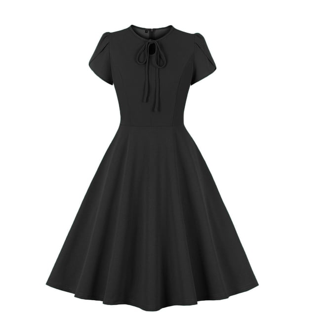 Pisexur Robe à Manches Courtes à Col Rond Robe pour Femme Unie Vintage à Manches Courtes à Lacets Col Rond Grande Robe Robe pour Femmes