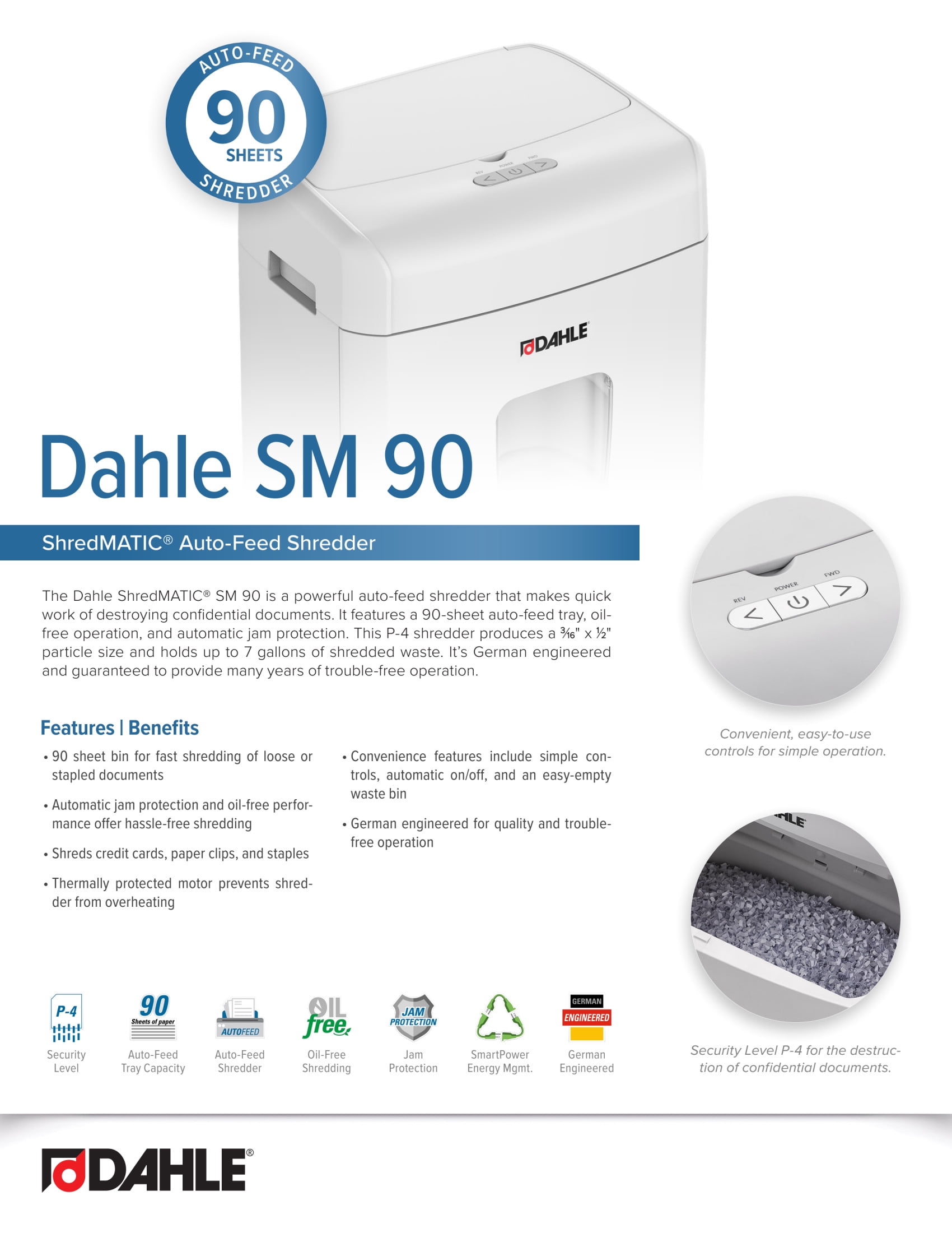 Dahle ShredMATIC SM 90 Auto-Feed Paper Shredder, 90 Sheet Tray, Oil-Free, Jam Protection, Level P-4