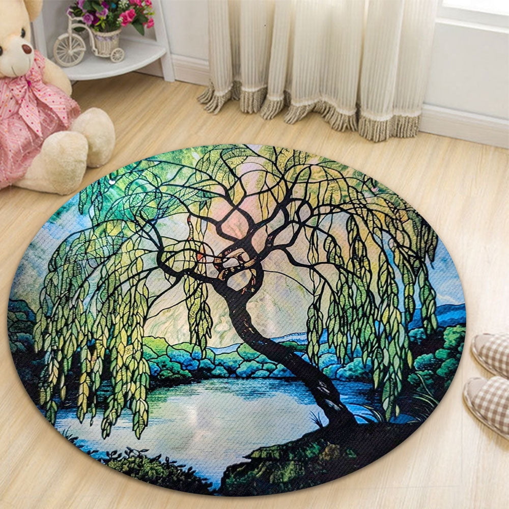 Round Area Rug, Weeping Willow Non-Slip Floor Mat, Soft Washable Carpet for Living Room Bedroom Decor 24 Inch