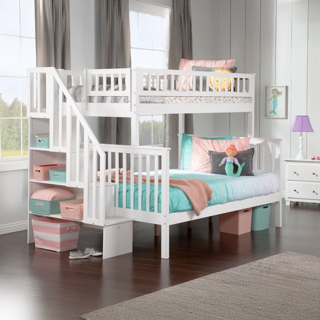 AFI Woodland Lit Superposé en Bois Massif avec Escalier Simple Over Double en Blanc