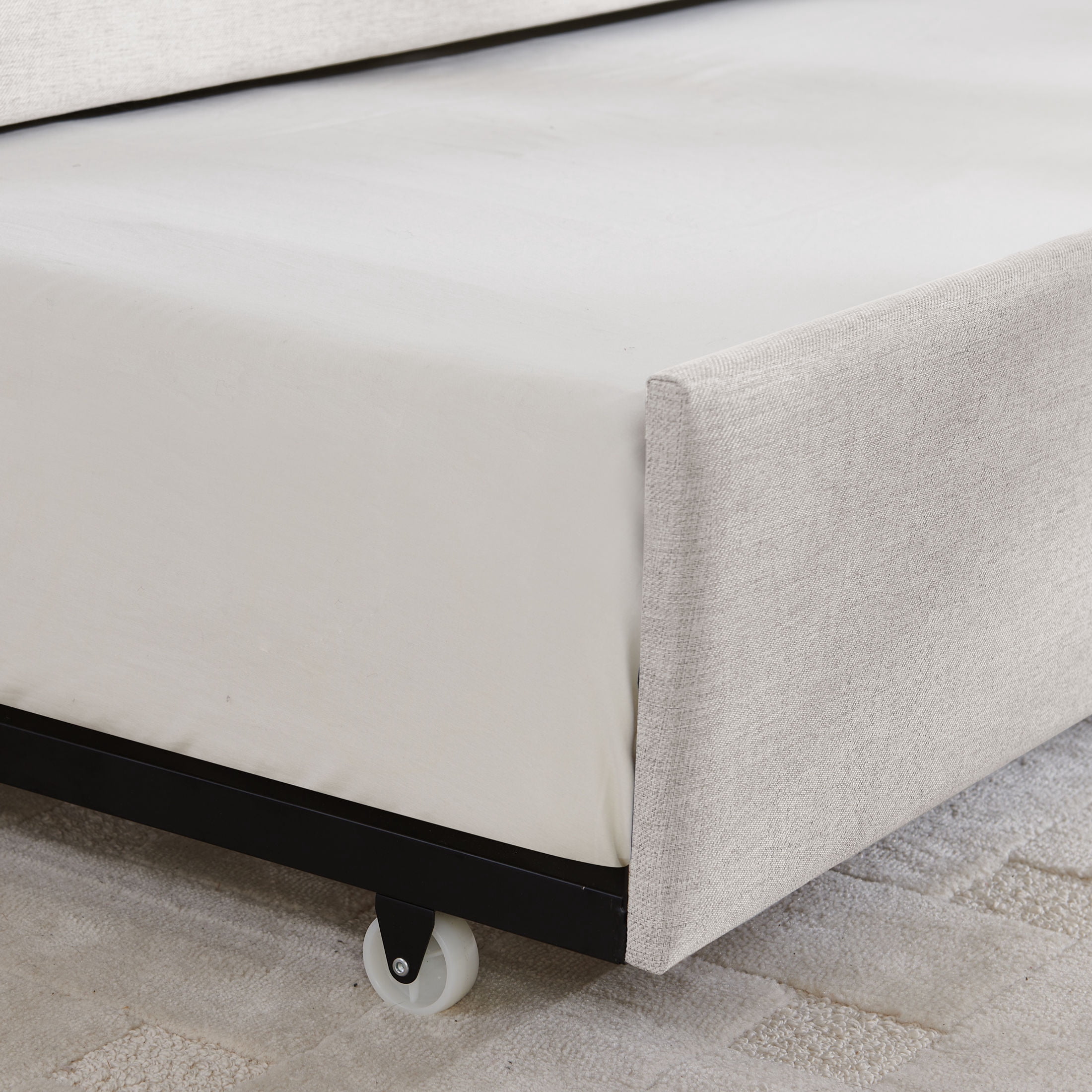 Noble House Solley Queen Size Daybed with Vertical Stripes & Pull-Out Trundle, Linen Upholstered Sofa Bed, Beige