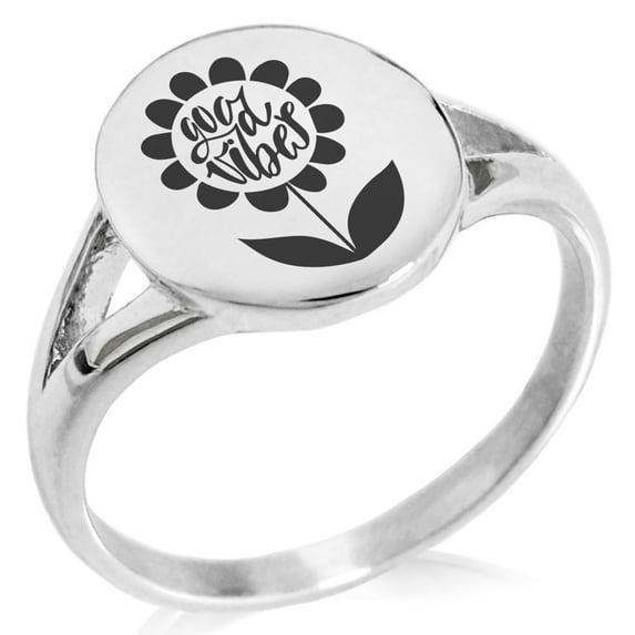 Stainless Steel Good Vibes Sunflower Minimalist Oval Top Polished Statement Ring