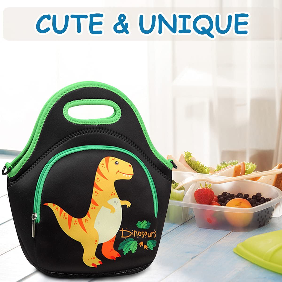 Lunch Bag for Boys Chasechic Cute Lightweight Neoprene Insulated Lunch Boxes Tote with Detachable Adjustable Shoulder Strap 3-18Years Black Dinosaur 