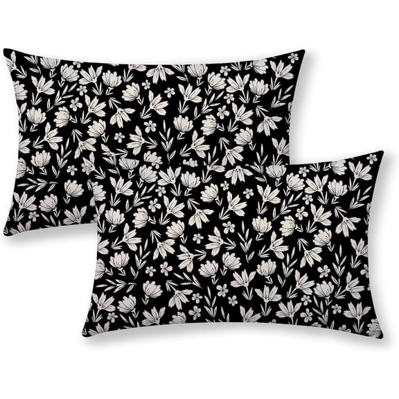 Vintage Flower Pillow Covers 12x20 Rustic Black Cream Floral Decor Throw Pillows Case for Couch Old Style Cute Pillowcase Outdoor Decorative Cushion Cases for Sofa Bed Decorations Set of 2