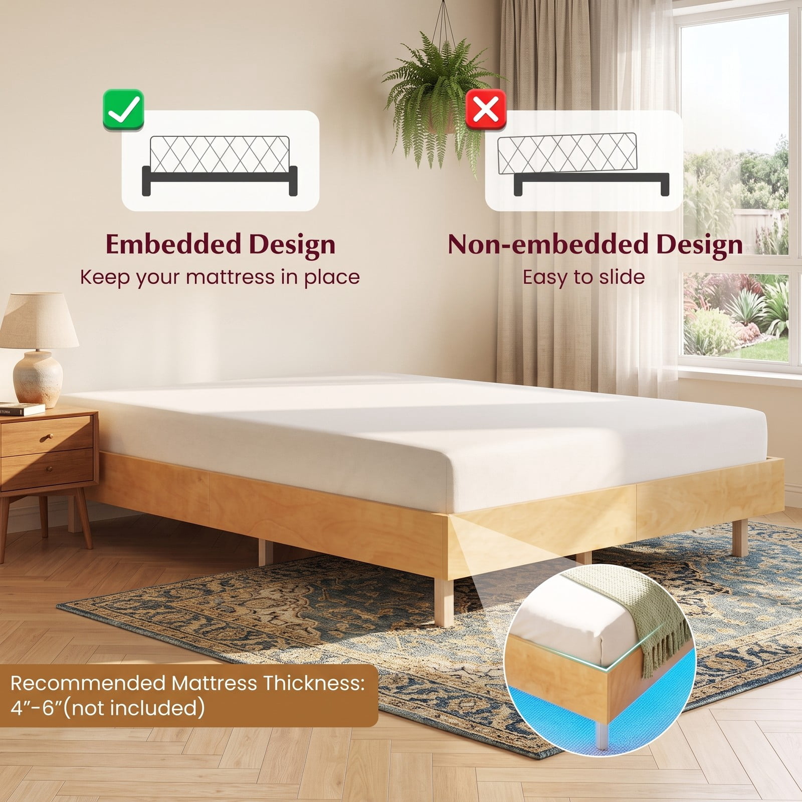 Furnibear Queen Size Bed Frame Floating Wood Platform Bed with RGB LED Lights and Remote Control for Bedroom, Natural