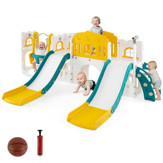 Gymax 10 in 1 Toddler Swing & Slide Set w/Basketball Hoop Telescope Storage Space Yellow
