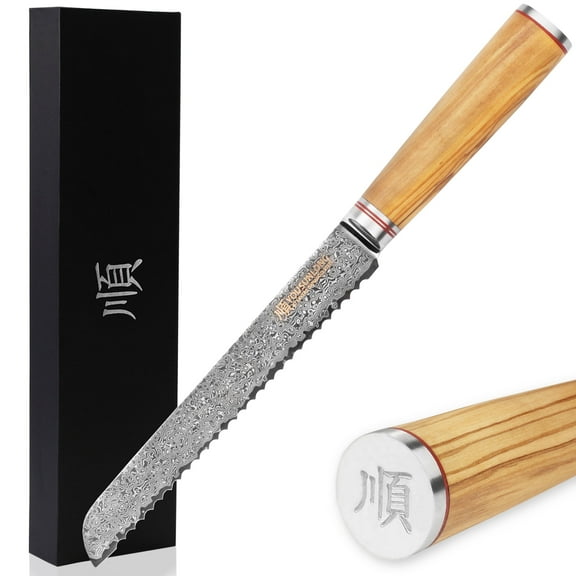 YOUSUNLONG Serrated Bread Knives 8 inch - 67 layer Damascus Steel Knife Italian Olive Wood