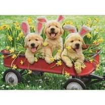 Avanti Press Three Puppies Wearing Rabbit Ears in Red Wagon with Yellow Daffodils Easter Card