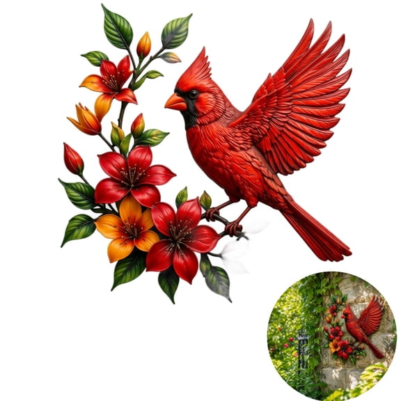 11.81" Floral Red Cardinal Metal Wall Art, Vibrant Bird Sculpture for Indoor Outdoor Patio Garden Fence Decor