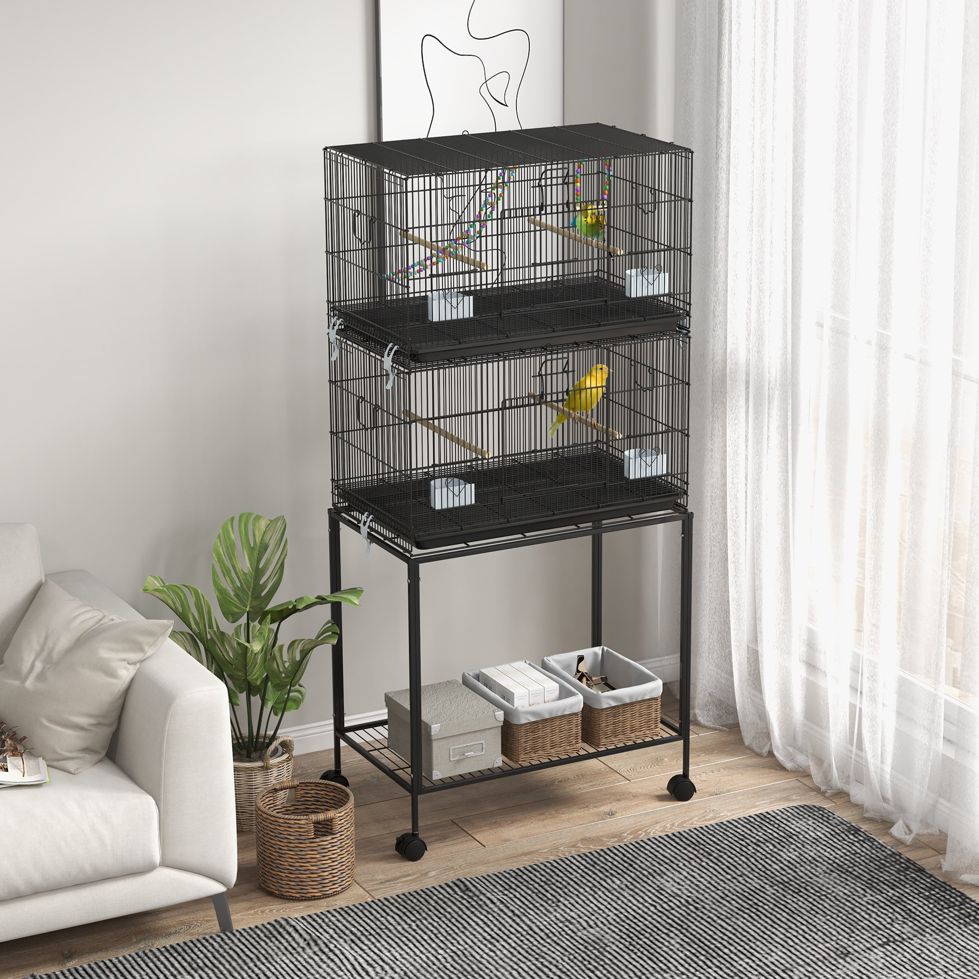Double Stackable Bird Cage with Stand, Wooden Swing, Rope Ladder & Wheels for Canaries, Lovebirds Finches, Budgie Cage with Storage Shelf, Removable Tray, Wooden Perches & Food Containers