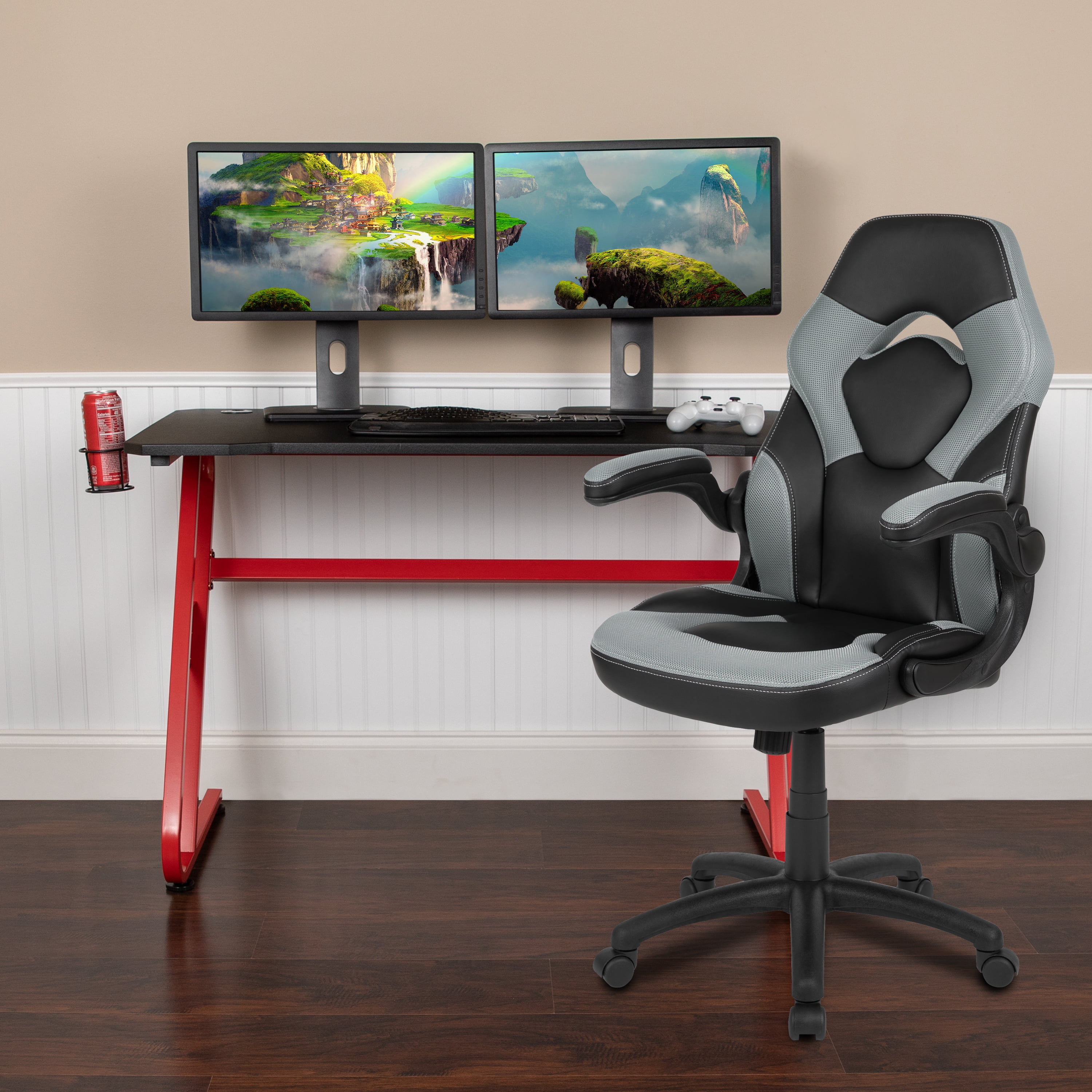 Flash Furniture Red Gaming Desk and Gray/Black Racing Chair Set with