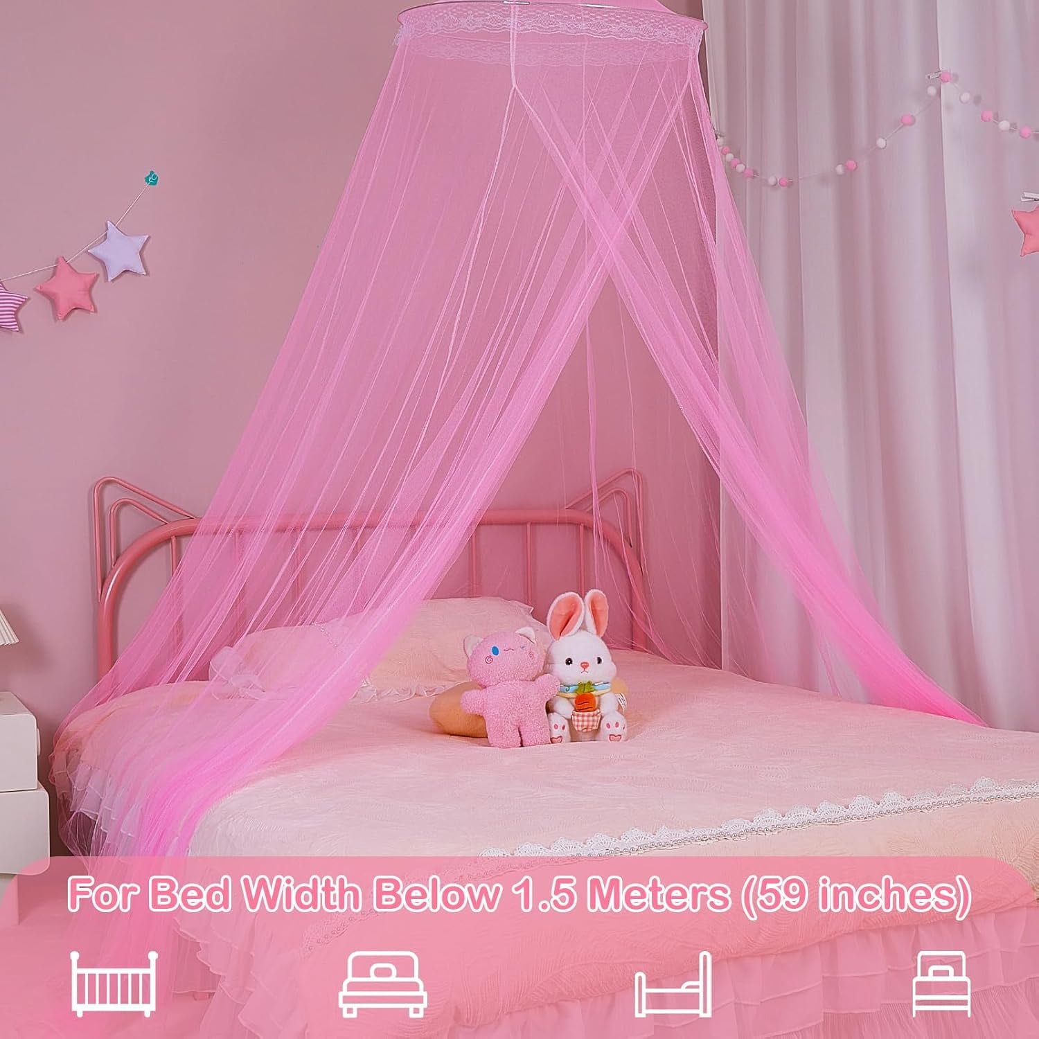 CAILDANL Bed Canopy for Girls Room Bed Canopy Curtains with Led Lights Mosquito Net DIY Princess Room Décor with Stars Butterflies for Kids Bedroom, Hot Pink