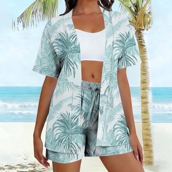 Cagogo Women's 2 Piece Shorts Set Casual Summer Cruise Outfits Loose V Neck Short Sleeve Jacket Tie Waist Matching Beach Set Tropical Leaves Hawaiian Vacation Clothes, Light Blue XL