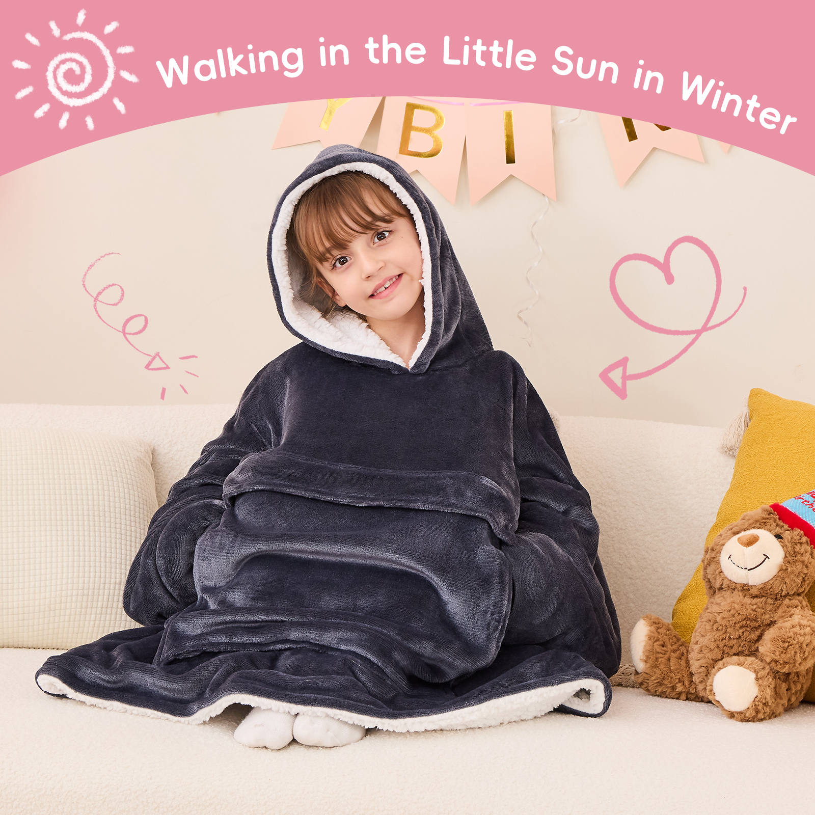 PMONPA Wearable Blanket Hoodie for Kids, Soft Double Layer Sherpa Fleece Sweatshirt,Teen Gifts for Kids, Youth, Boys, Girls, One Size, Gray