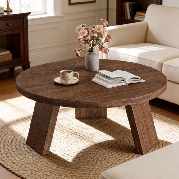 Round Wood Coffee Tables for Living Room, Farmhouse Circle Coffee Table, Mid Century Wooden Rustic Coffee Tables for Apartment, Easy Assembly