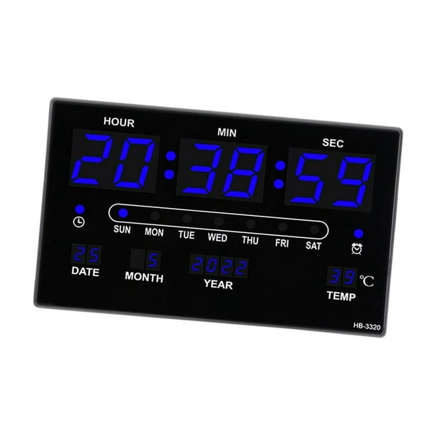 Reloj de pared digital moderno y elegante con función de alarma y temperatura azul