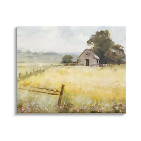 Stupell Industries Distant Barn Country Fence Landscape Painting Gallery Wrapped Canvas Art Print Wall Art, 30 x 24