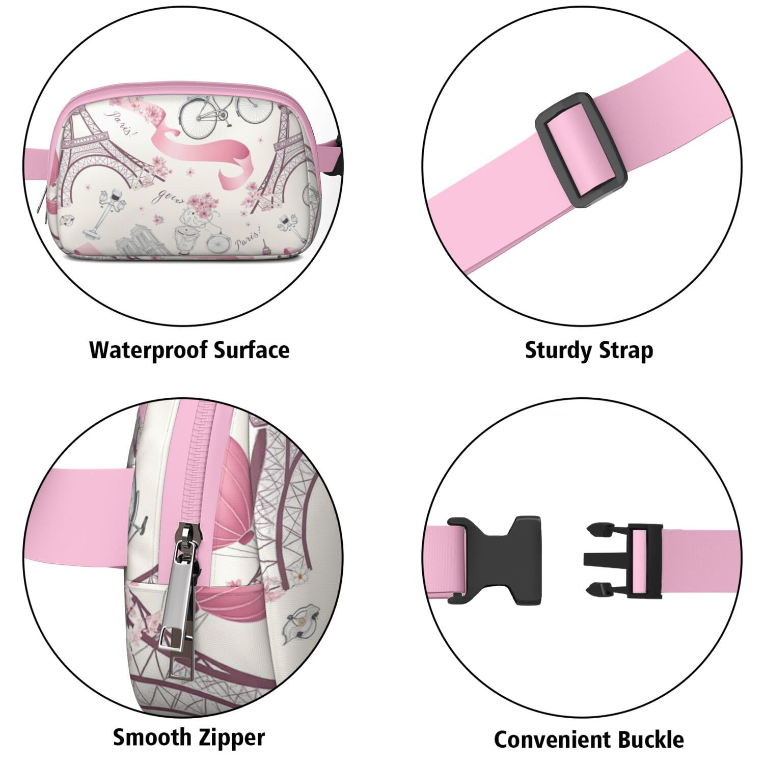 Paris Cross Body Bag Belt Bag for Women Waterproof Fanny Pack for Women Fashion Belt Bag Waist Packs for Music Festival Event
