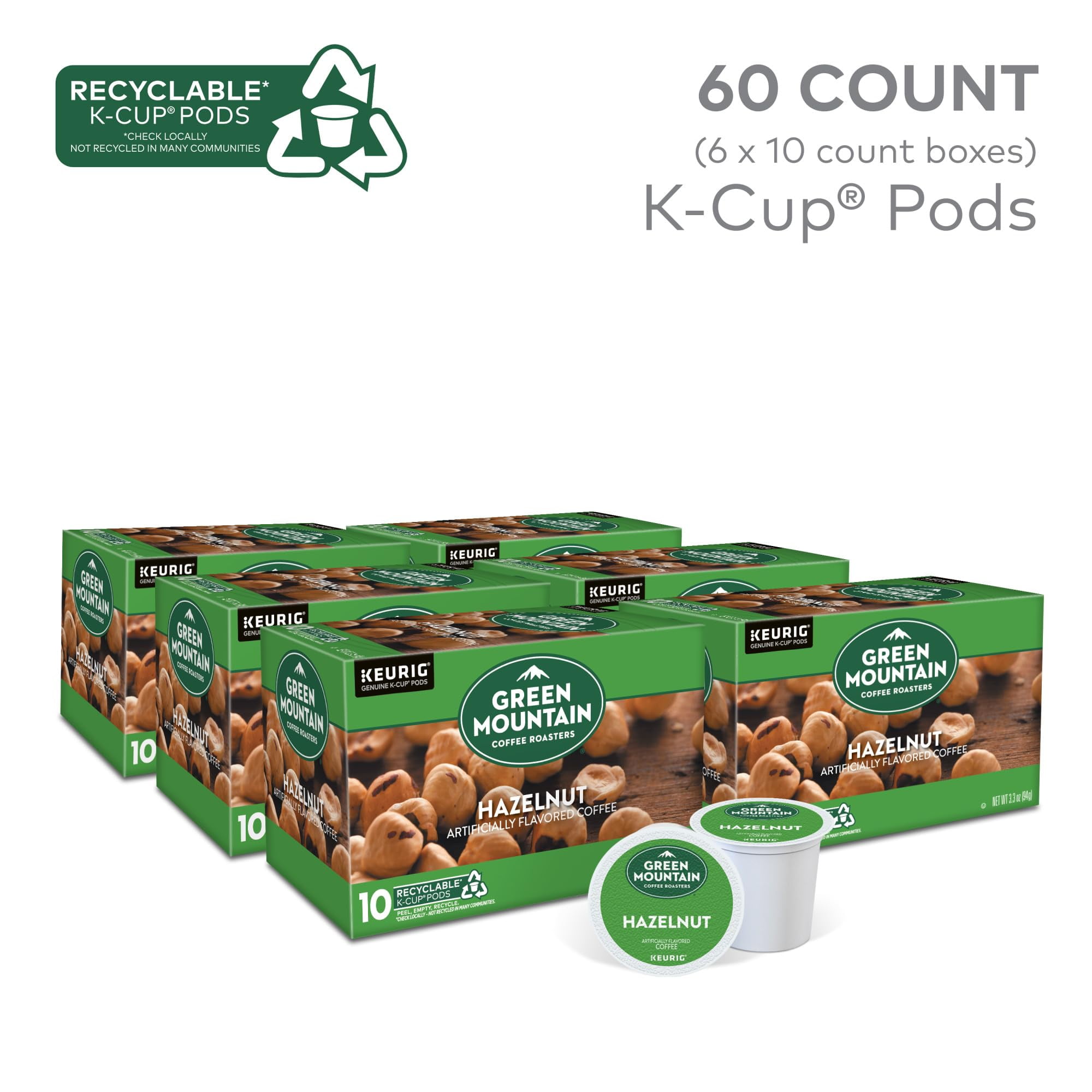 Green Mountain Coffee Roasters Hazelnut, Keurig Single Serve K-Cup Pods, Light Roast Coffee, 60 Count, (6 Packs Of 10).