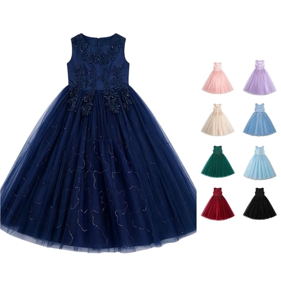 FYDUU Flower Girls Maxi Dress Bridesmaid Wedding Pageant Long Gown Embroidered Princess Tulle Dresses Formal Vintage Party Gown 3-4 Years