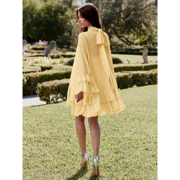 Yellow Solid Color Layered Stand Collar Elegant Long Sleeve Mini Dress