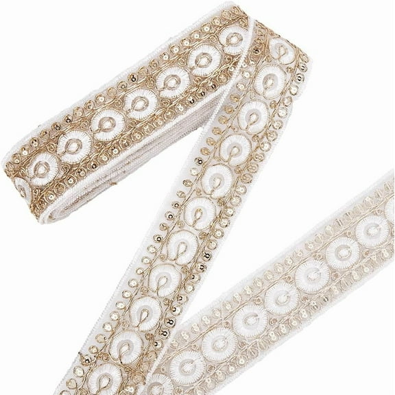 10 Yards 1.77 Inch White Gold Embroidered Ribbon Metallic Glitter Sequin Embroidery Jacquard Trim Boho Woven Fabric Applique Trimming Tape for Sewing Making Crafts Clothes Dresses Home Decor