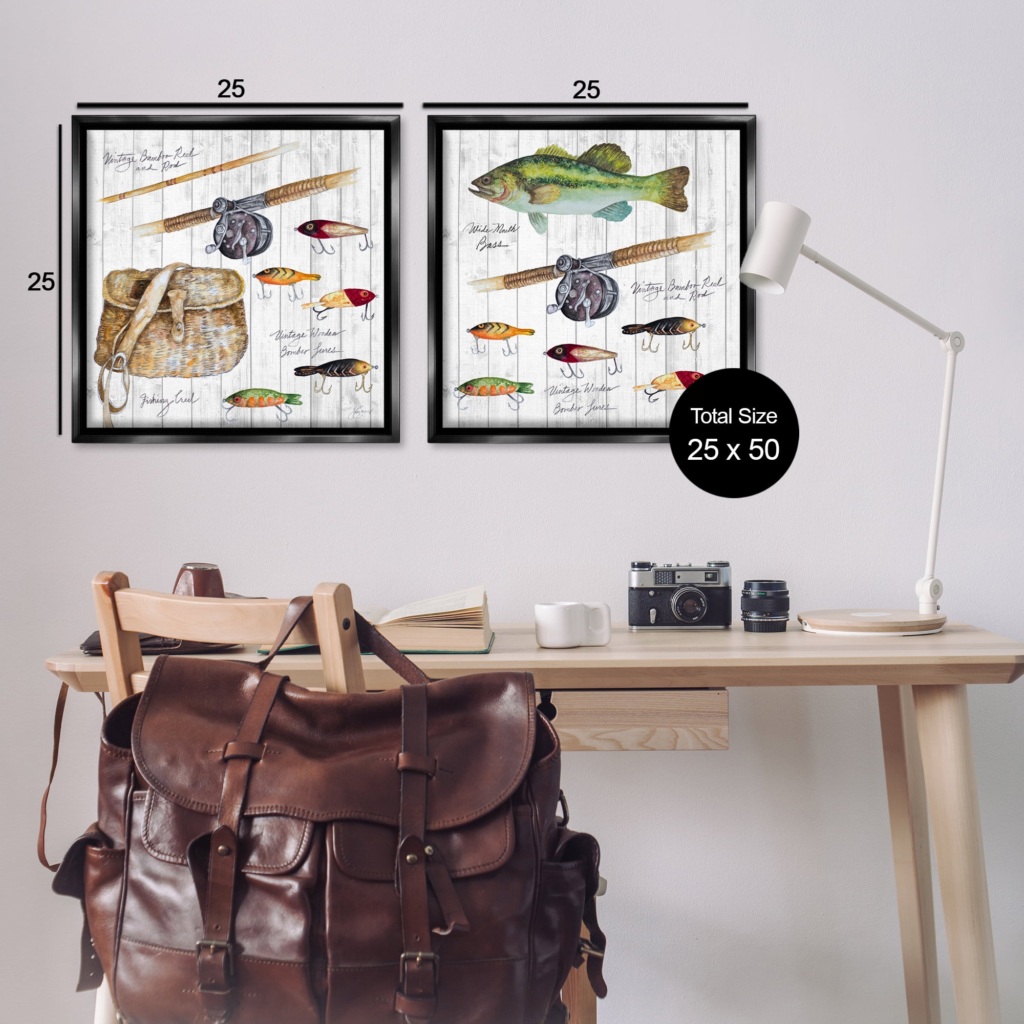 Stupell Industries Vintage Fishing Gear Sports Painting Black Floater Framed Canvas Art Print Wall Art, 25 x 25, Set of 2