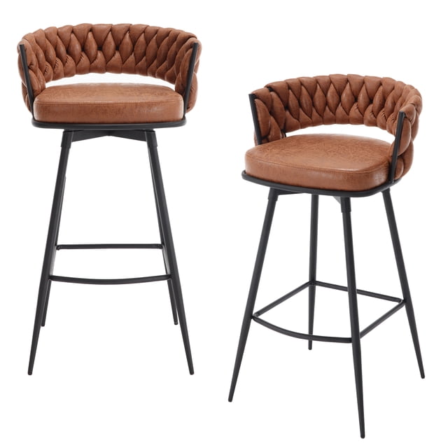 Bar Stools Set of 2, 30" Counter Height Barstools with Woven Back and Footrest, Modern Upholstered Kitchen Island Chairs for Kitchen Island, Cafe, Pub, Bar Counter, Whiskeybrown