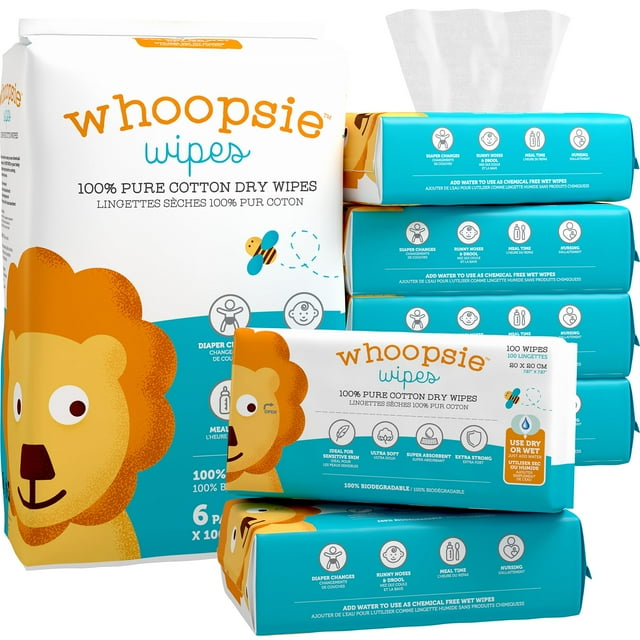 Toallitas Whoopsie: las toallitas secas originales para beb�s 100 % algod�n puro: toallitas ultra suaves, sin perfume y sin qu�mic