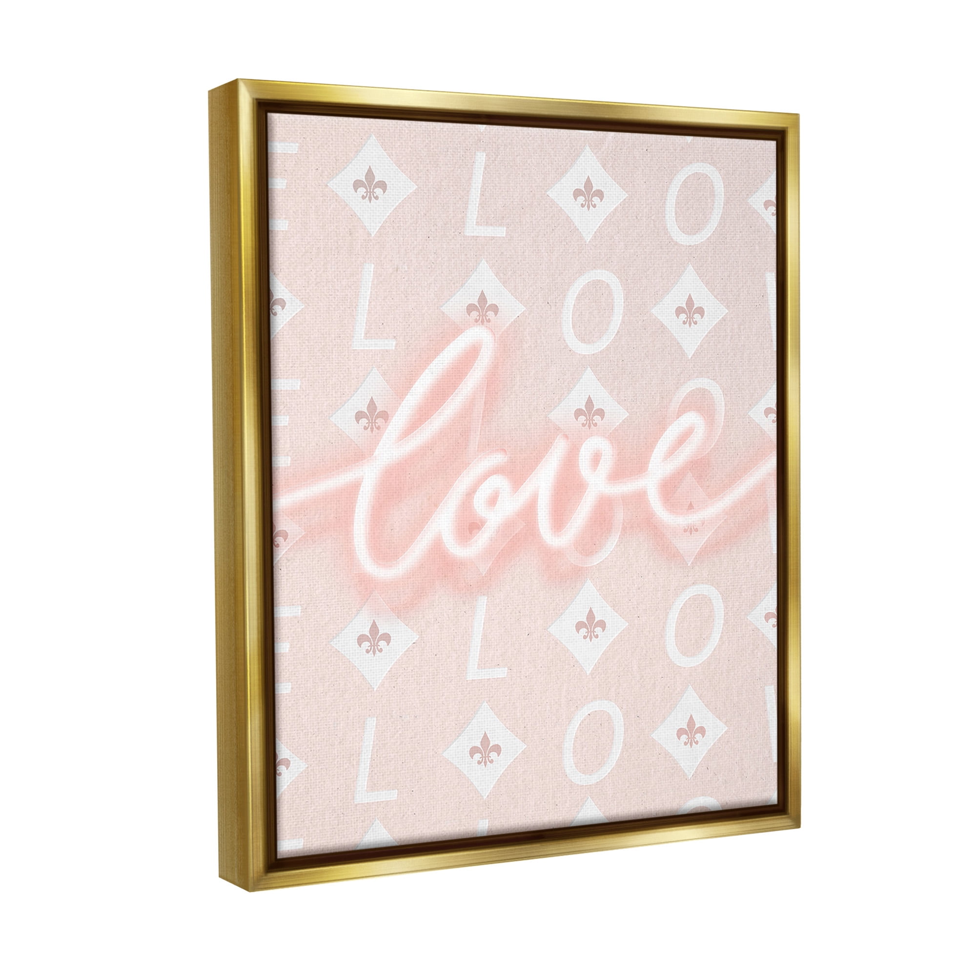 Stupell Industries Pastel Love on Pattern Typography Painting Gold Floater Framed Canvas Art Print Wall Art, 17 x 21