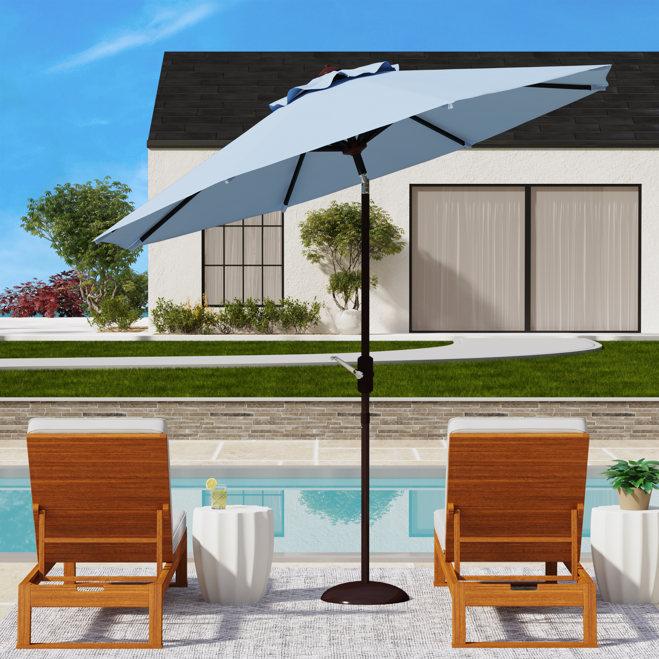 SAFAVIEH Ortega 9' Market Crank Auto Tilt Patio Umbrella, Baby Blue