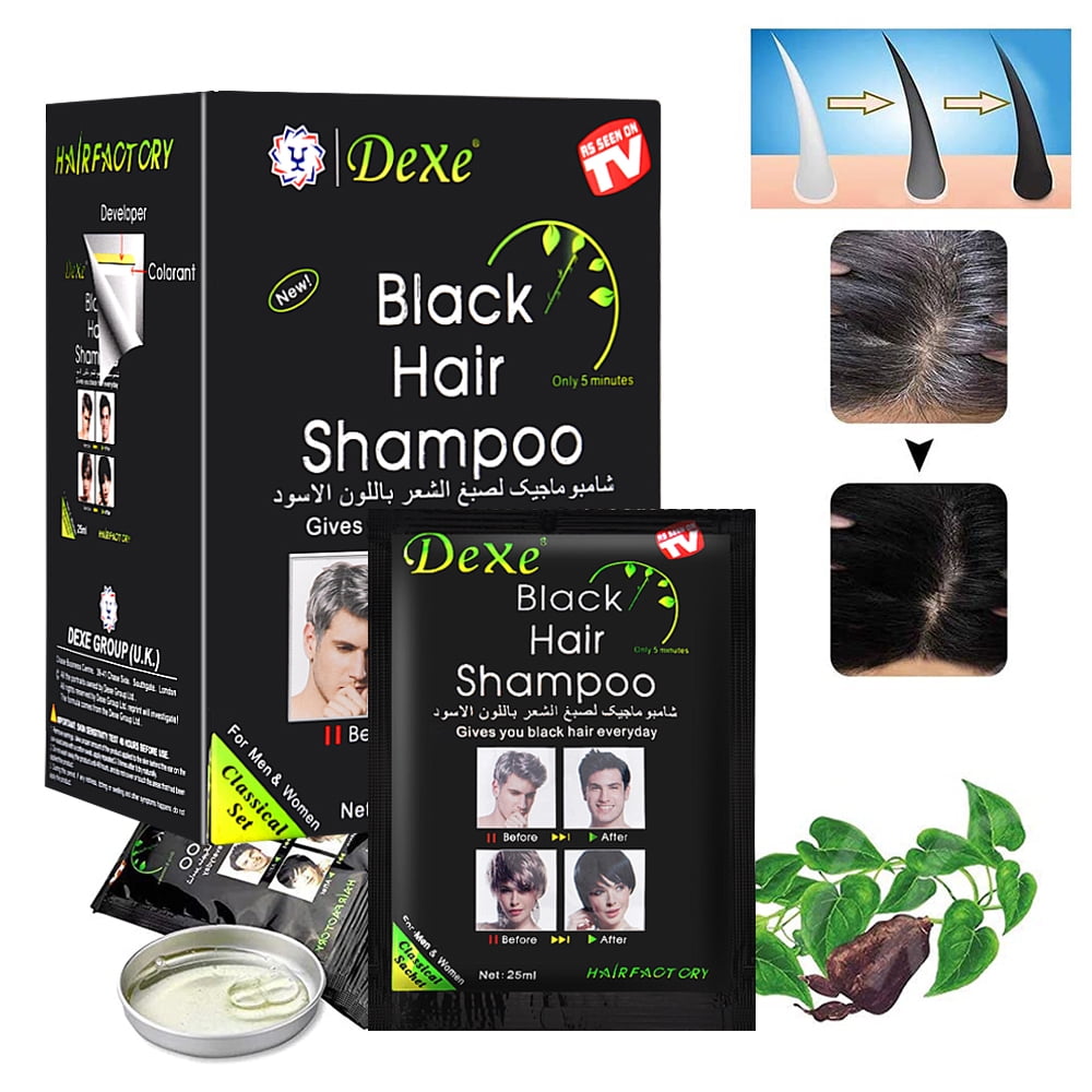 Dexe Black Hair Dye Shampoo Instant for Men Women, Black Hair Dye-Mild Plant Formula-Simple to Use-Lasts 30 Days 10-Bag/Box