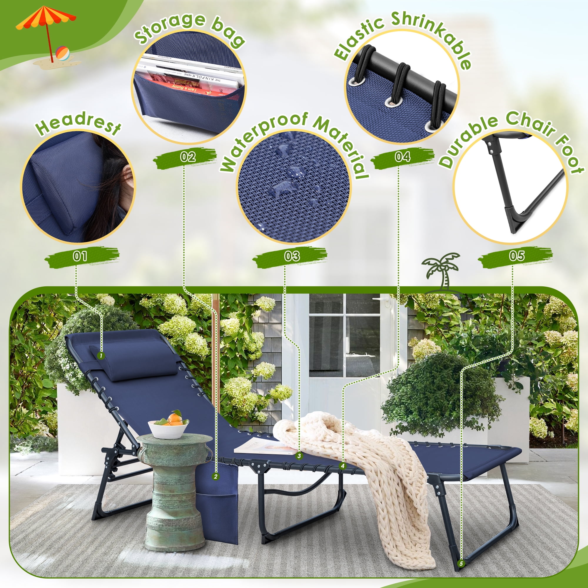 Devoko Metal Foldable and High 5 Position Adjustable Lounge Chaise, Blue